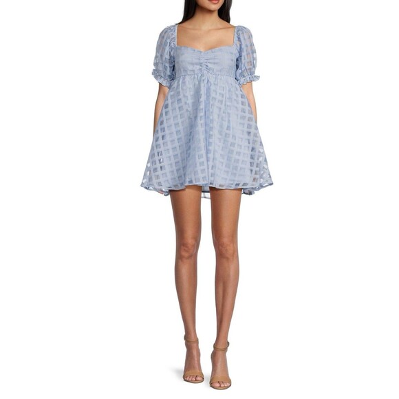 Babydoll Puff Sleeve Mini Dress Light Blue Sheer Princess Fairy Kawaii-S - Picture 13 of 13